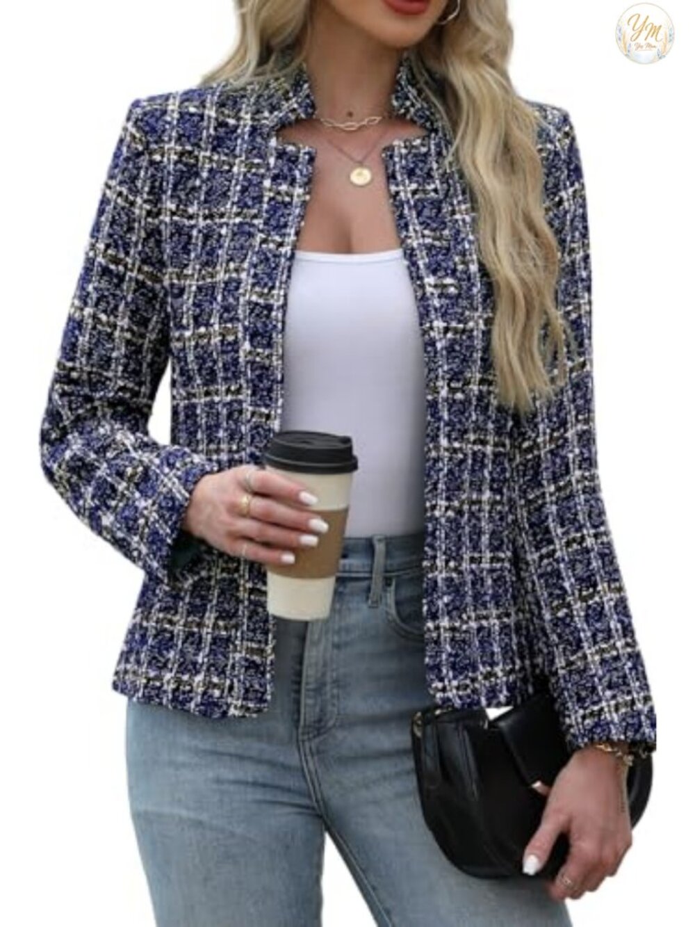Women's Tweed Open Front Blazer Long Sleeve Notch Collar Slim Fit